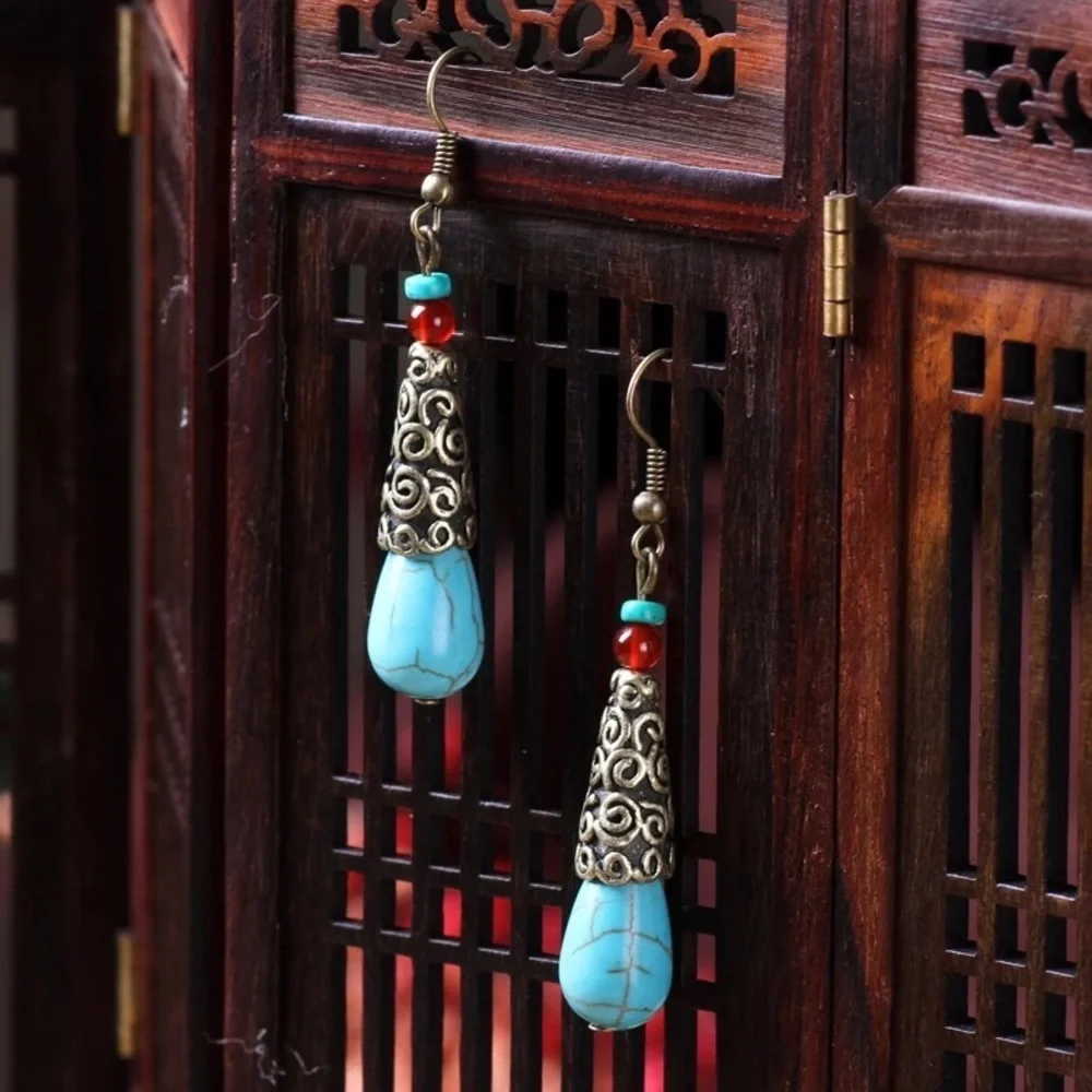 Set of Necklace and Earrings Bohemian Indian Braided Rope Dangle Blue Stone
